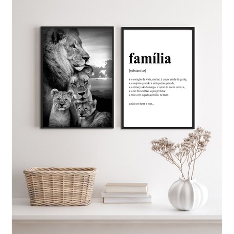 Kit 2 Quadros para Sala Leões- Família 24x18cm:madeira Preta