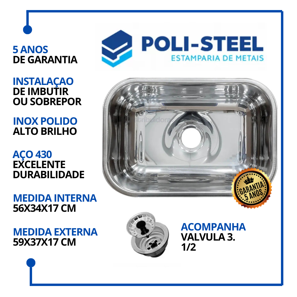 Cuba Inox 56x34x17 - Aço 430 Poli-steel + Válvula Cor Inox Polido - Alto Brilho - 2