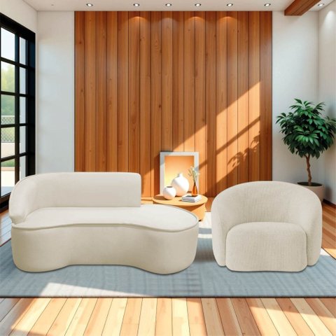 Kit Divã Recamier Orgânico Marrocos 160cm Lado Direito e 1 Poltronas Amore Bouclé Bege