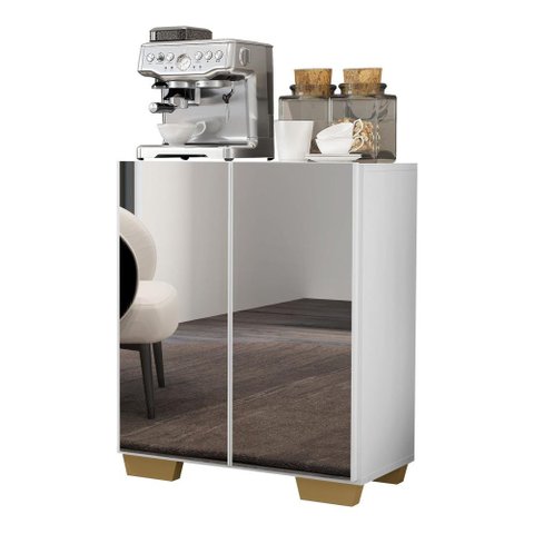 Aparador Buffet 2 portas com Espelho e Pés Quadrados Vegas Multimóveis V3614 Branco/Natural