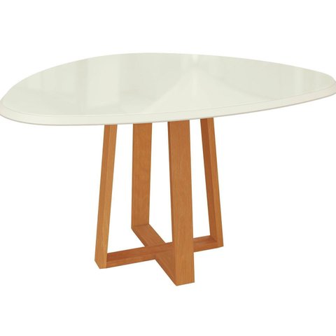 Mesa de Jantar Oval em Madeira Maciça e Tampo com Vidro 135x105cm Off White/Marrom