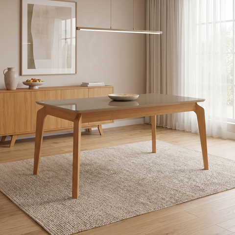 Mesa de Jantar Madeira Maciça 6 Lugares com Tampo MDF e Vidro Petra Premium 160x90cm Freijó/Bronze