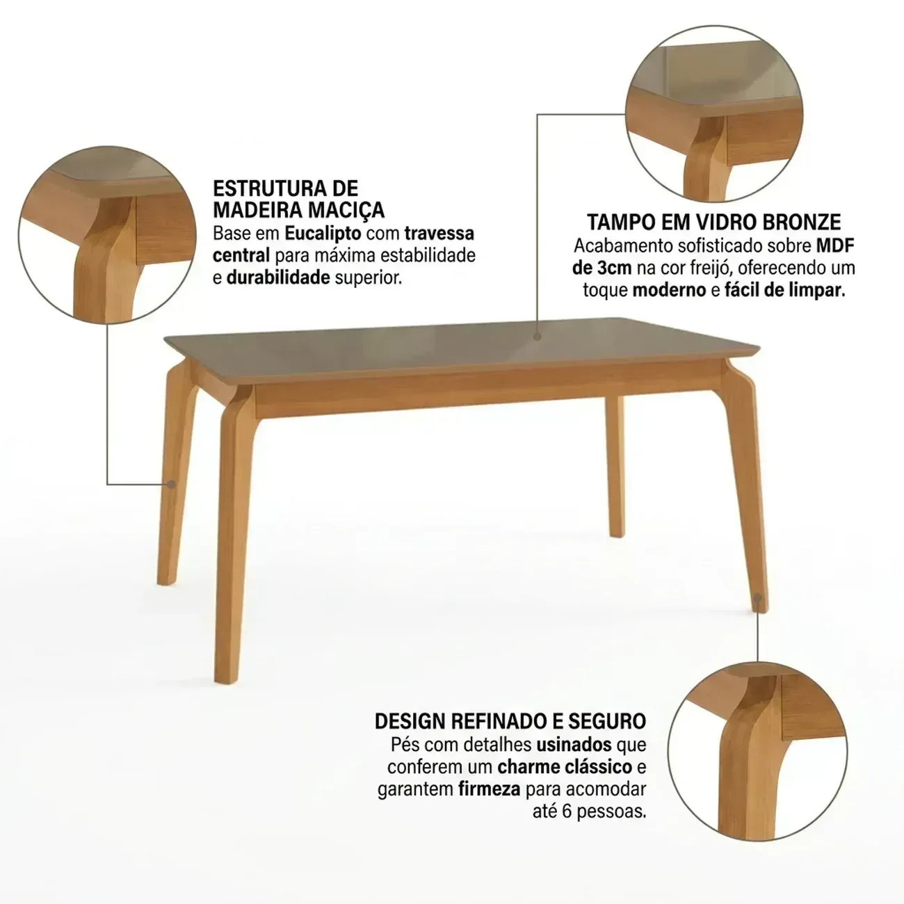 Ver imagem 4 de Mesa de Jantar Madeira Maciça 6 Lugares com Tampo MDF e Vidro Petra Premium 160x90cm Freijó/Bronze