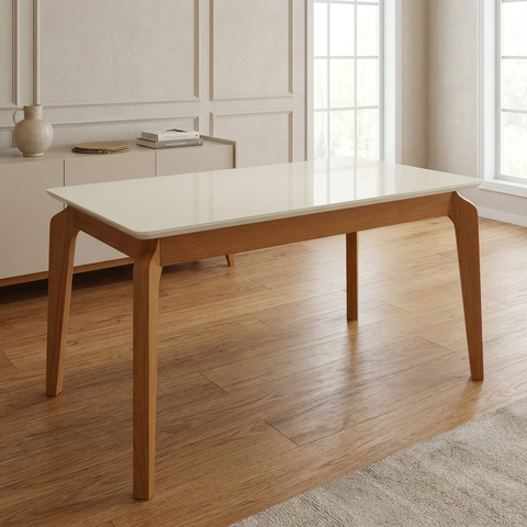 Mesa de Jantar de Madeira Maciça com Tampo MDF e Vidro Petra 160x90cm Off White