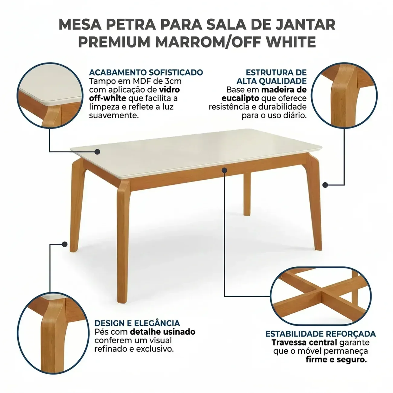 Ver imagem 4 de Mesa de Jantar de Madeira Maciça com Tampo MDF e Vidro Petra 160x90cm Off White