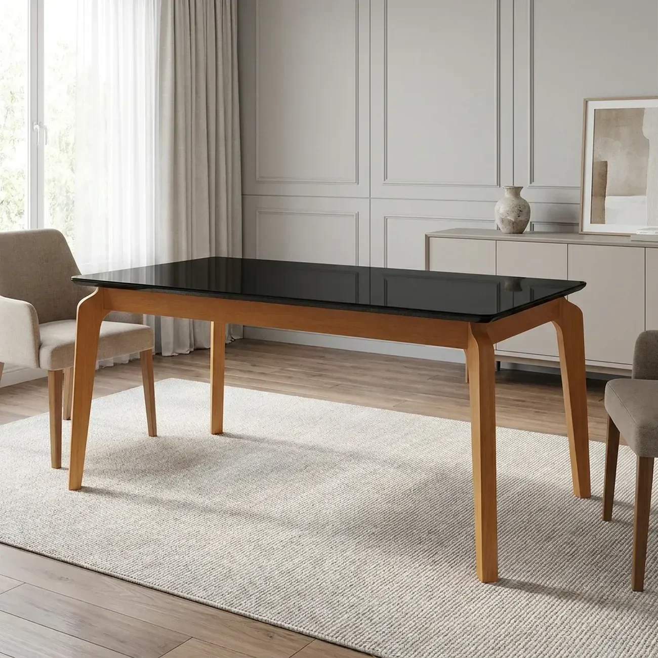 Mesa de Jantar de Madeira Maciça com Tampo MDF e Vidro Petra 160x90cm Preto