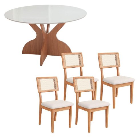 Mesa Sala de Jantar 1,35m com Vidro 4 Cadeiras Conjunto Mdf Cor:off White com Freijó e Bege Rústico