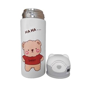 Garrafa Térmica de Ursinho Branca Infantil com Canudo de Silicone e Trava 420ml em Aço Inoxidável
