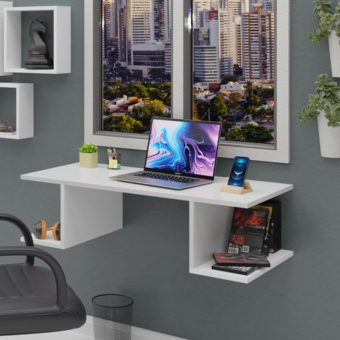 Mesa Suspensa Escrivaninha Computador 900x420 C/ Prateleiras	- Branco