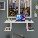 Ver imagem 2 de Mesa Suspensa Escrivaninha Computador 900x420 C/ Prateleiras	- Branco