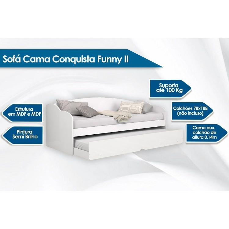 Sofá Cama Solteiro Funny III c/ Auxiliar Branco - Conquista - 2