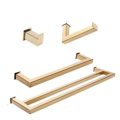 Kit de Acessórios para Banheiro com 4 Peças em Aço Inox Dourado Linha Larissa com Toalheiro Duplo