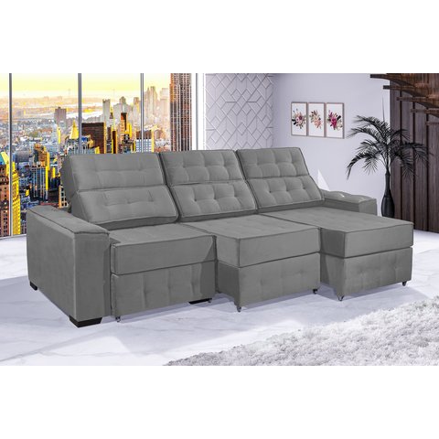 Sofá Retrátil e Reclinável 3,20m Estilo Estofados - Paris 3 Módulos com Velusoft D33 "prata"