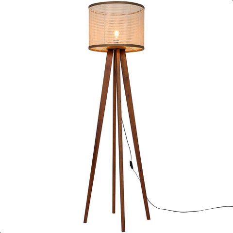 Luminária de Chão Madri com Pés de Madeira e Tela Indiana Borda Marrom 158cm