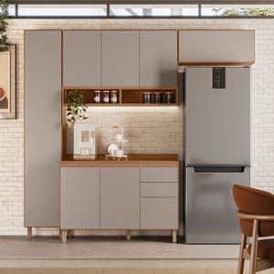 Cozinha Modulada 4 Peças 7 Portas 3 Gavetas com Rodapé em PVC Acácia
