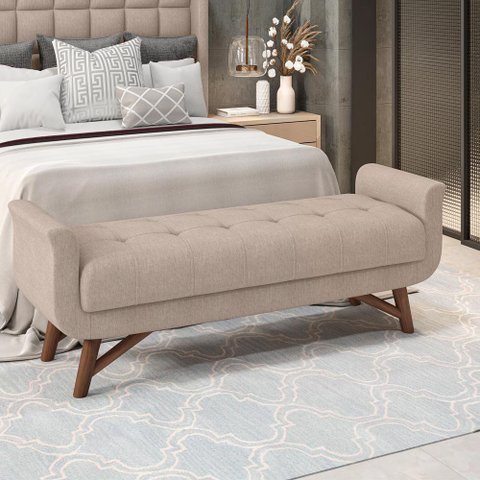 Puff Recamier Decorativo com Pés em Madeira 140 cm Itália P05 Linho Bege Escuro - Lyam Decor