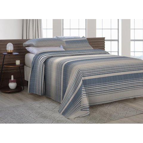 Kit Cobre Leito Solteiro Com Fronha 2 Peças Tecido Piquet Algodão Listrado Azul Marinho e Palha