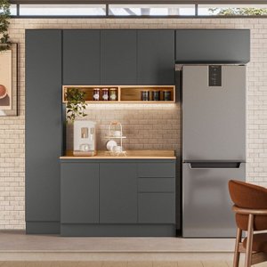 Cozinha Modulada 4 Peças 7 Portas 3 Gavetas com Rodapé em PVC Acácia