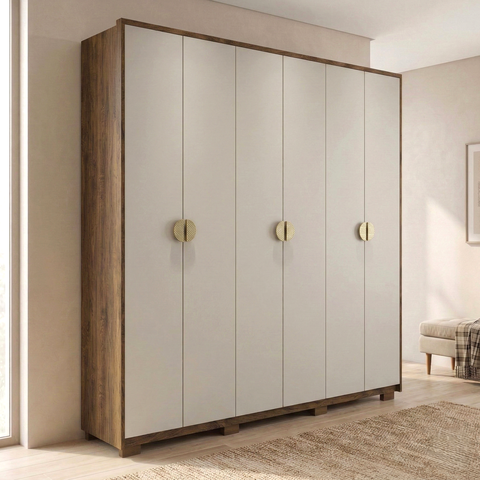 Guarda-Roupa Casal 6 Portas 4 Gavetas 100% MDF Noronha Imbuia/Fendi Off White
