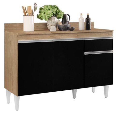 Balcão Gabinete 120cm com Tampo 3 Portas 1 Gaveta Arizona Castanho-preto - Lumil Móveis