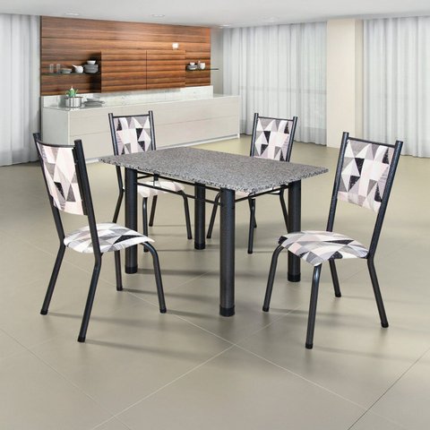 Conjunto Sala de Jantar Mesa Retangular 4 Cadeiras Ametista Prata/Branco/Preto