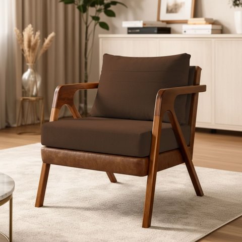 Poltrona Decorativa Maia para Sala Escritório Recepção Linho Terracota Corino Peroba Braço Madeira
