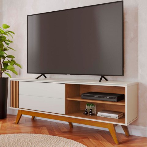 Bancada Yukon C/ Portas e Compartimentos Sala de Estar P/ Tvs Off White Matte / Freijo