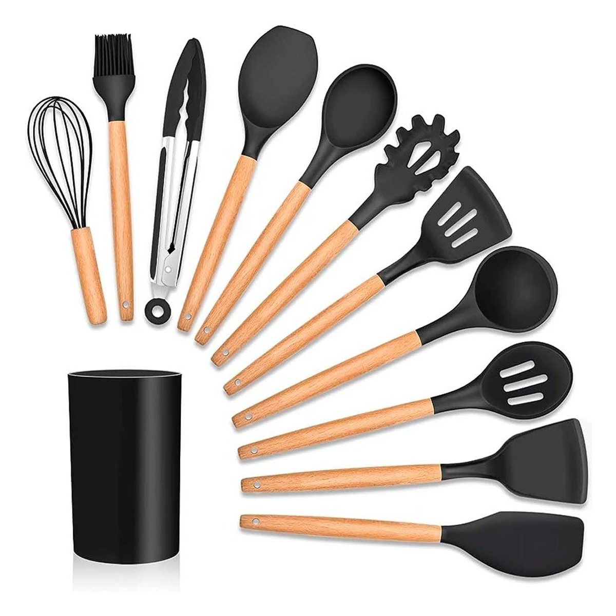 Kit 12 Peças Utensílios de Cozinha Silicone Cabo Madeira