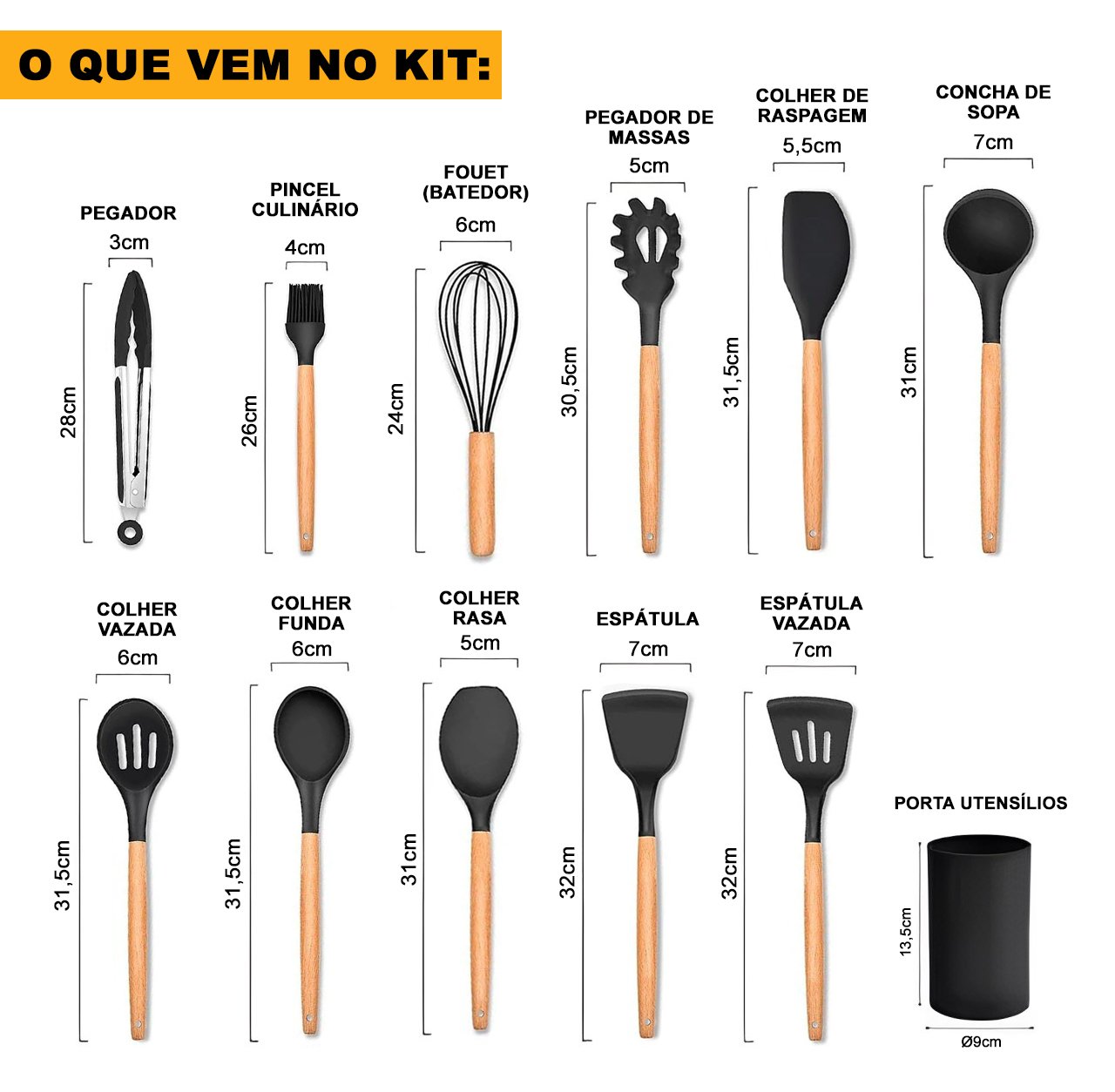 Kit 12 Peças Utensílios de Cozinha Silicone Cabo Madeira - 3