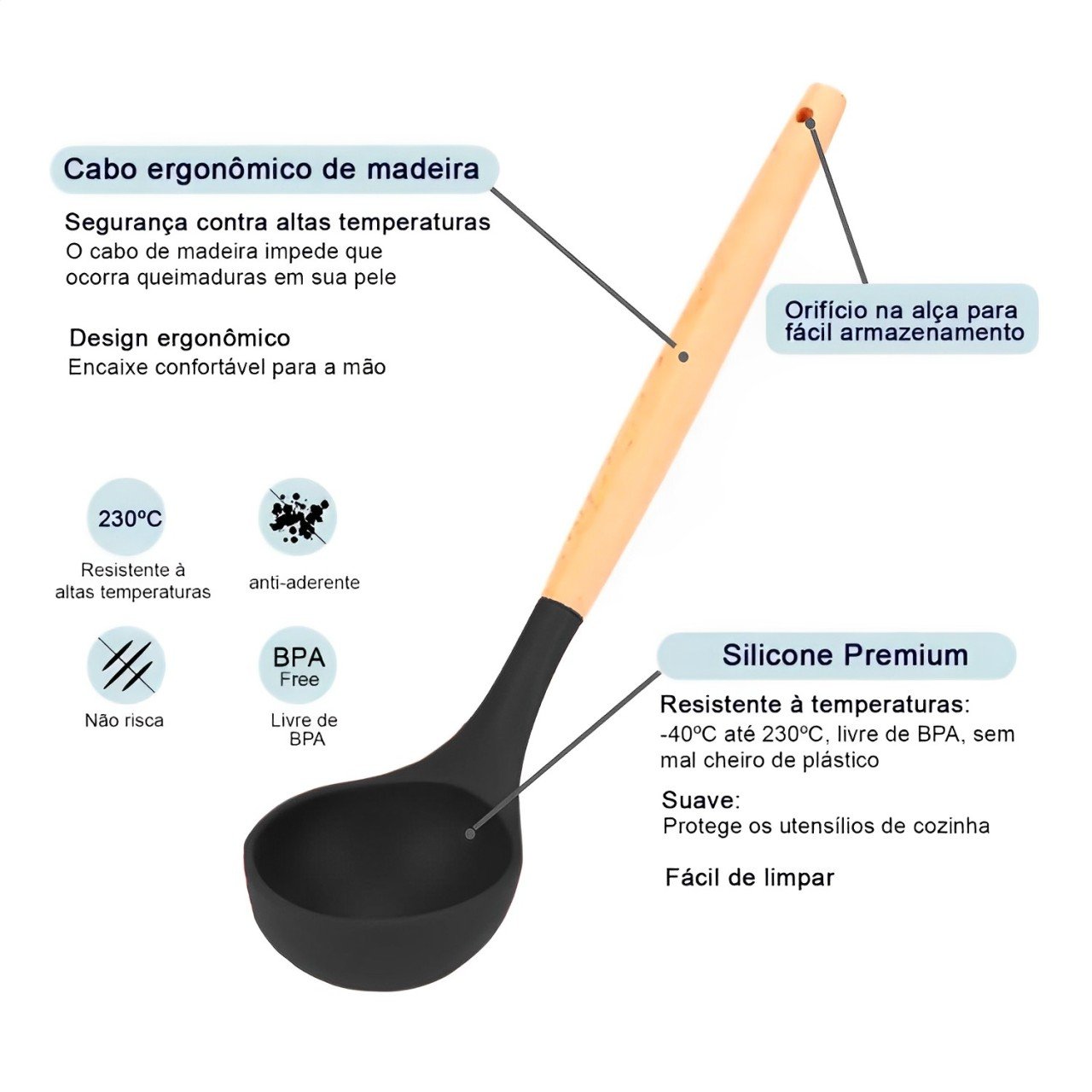 Kit 12 Peças Utensílios de Cozinha Silicone Cabo Madeira - 4