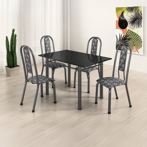 Conjunto Sala de Jantar Mesa Retangular Tampo Ardósia Indiana 4 Cadeiras Fortaleza Prata/Branco/Preto