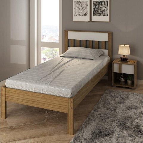 Conjunto Cama Solteiro com 1 Mesa de Cabeceira Marrom/Amêndoa/Branco