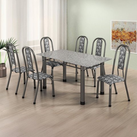 Conjunto Sala de Jantar 6 Cadeiras Fortaleza Prata/Preto/Granito