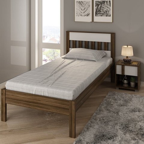 Conjunto Cama Solteiro com 1 Mesa de Cabeceira Marrom/Nogal/Branco