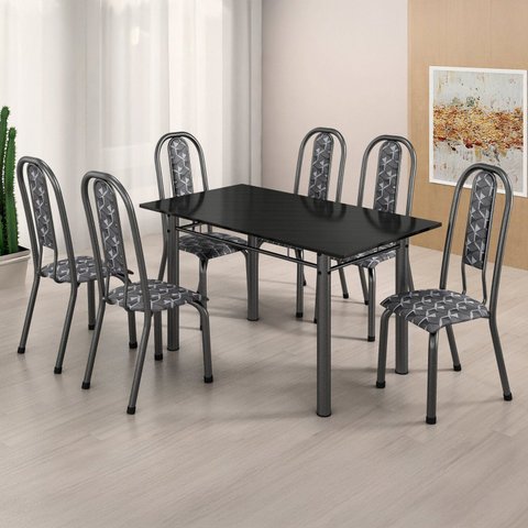 Conjunto Sala de Jantar 6 Cadeiras Fortaleza Prata/Preto