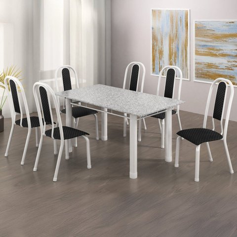 Conjunto Sala de Jantar 6 Cadeiras Fortaleza Branco/Preto/Granito