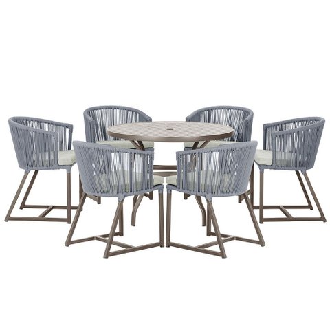 Mesa com 6 Cadeiras de Jantar Roma 120cm e Noronha em Alumínio Marrom Corda Náutica Estofado 3 Trama