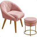 Ver imagem 1 de Poltrona Louis com Puff Argola Levi Veludo Rosa Pés Palito Castanho
