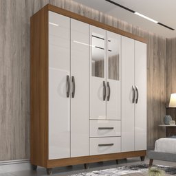 Guarda-Roupa Casal Estrela 6 Portas 2 Gavetas com Espelho Nogal/Off White - Sallêto Móveis - 1 Guarda-Roupa Casal Estrela 6 Portas 2 Gavetas com Espelho Nogal/Off White - Sallêto Móveis - 1