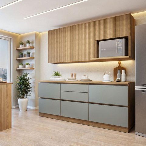 Cozinha Completa Modulada 4 Peças 6 Portas 4 Gavetas com Rodapé Norten Marrom/Verde/Nature