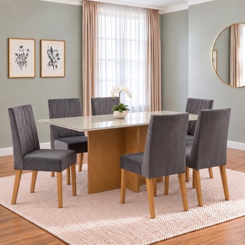Conjunto Sala de Jantar Mesa Lana 160cm Tampo MDF Vidro Canto Reto 6 Cadeiras Flavia
