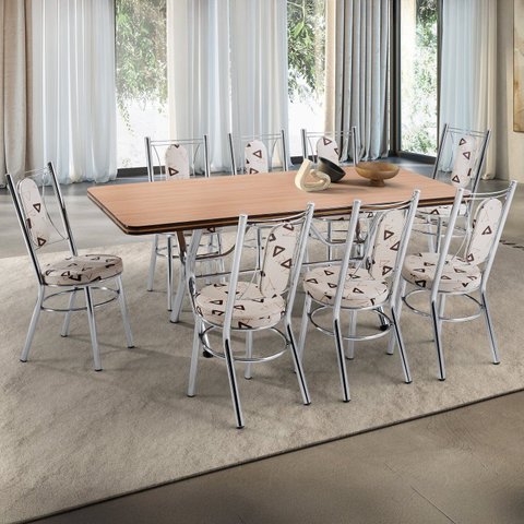 Conjunto Sala de Jantar Canada 180cm x 80cm Bege/Cromado/Amadeirado Claro/Café
