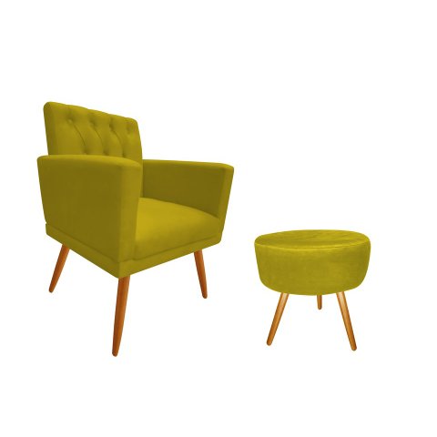 Kit Poltrona Decorativa Nina Capitonê + Puff Redondo Couro Amarelo Pés Madeira Mz Decor