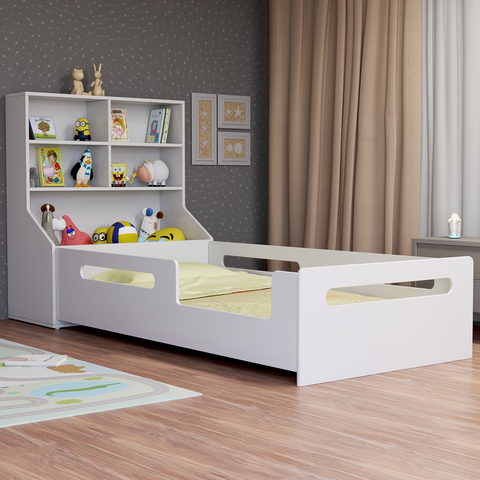 Cama Infantil Solteiro Moderna com Cabeceira Estante para Brinquedos