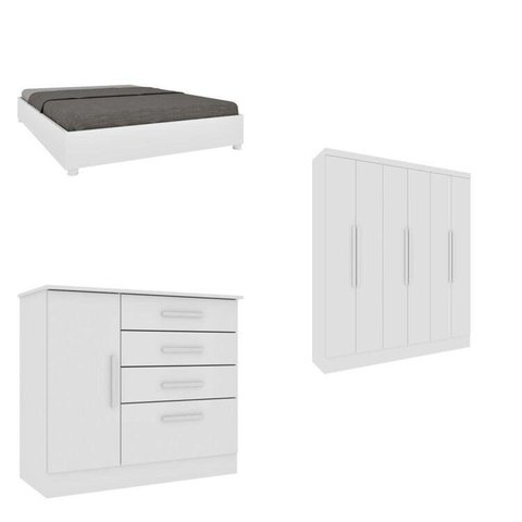 Quarto Casal Completo Guarda Roupa 6 Portas Munique, Cama Casal Monaco e Cômoda Chicago Espresso Móv Branco/Neve