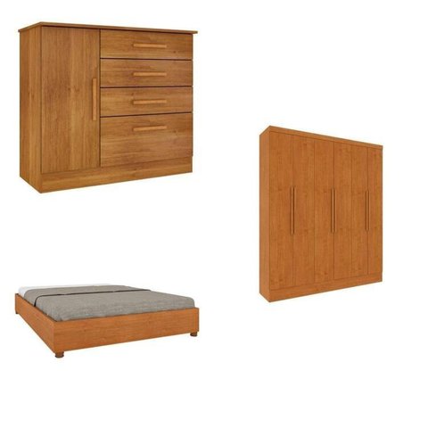 Quarto Casal Completo Guarda Roupa 6 Portas Munique, Cama Casal Monaco e Cômoda Chicago Espresso Móv Bege/Cinamomo