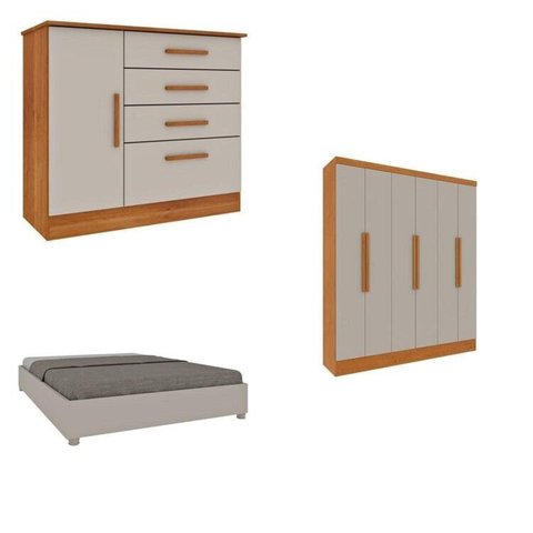 Quarto Casal Completo Guarda Roupa 6 Portas Munique, Cama Casal Monaco e Cômoda Chicago Espresso Móv Bege/Cinamomo/Off White