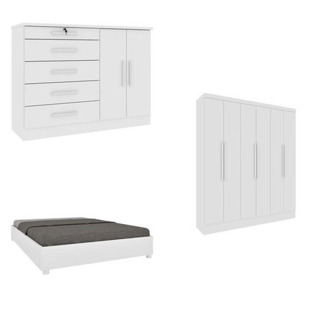 Quarto Casal Completo Guarda Roupa 6 Portas Munique, Cama Casal Monaco e Cômoda Istambul Espresso Mó Branco/Neve