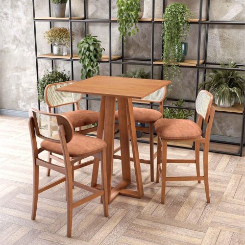 Conjunto Mesa Bistrô Madri 4 Lugares Tampo em MDF com Banquetas Organik Assento Corano Marrom