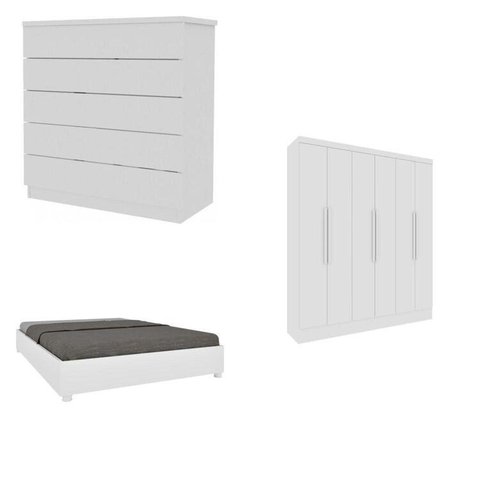 Quarto Casal Completo Guarda Roupa 6 Portas Munique, Cama Casal Monaco e Cômoda Premium Espresso Móv Branco/Neve